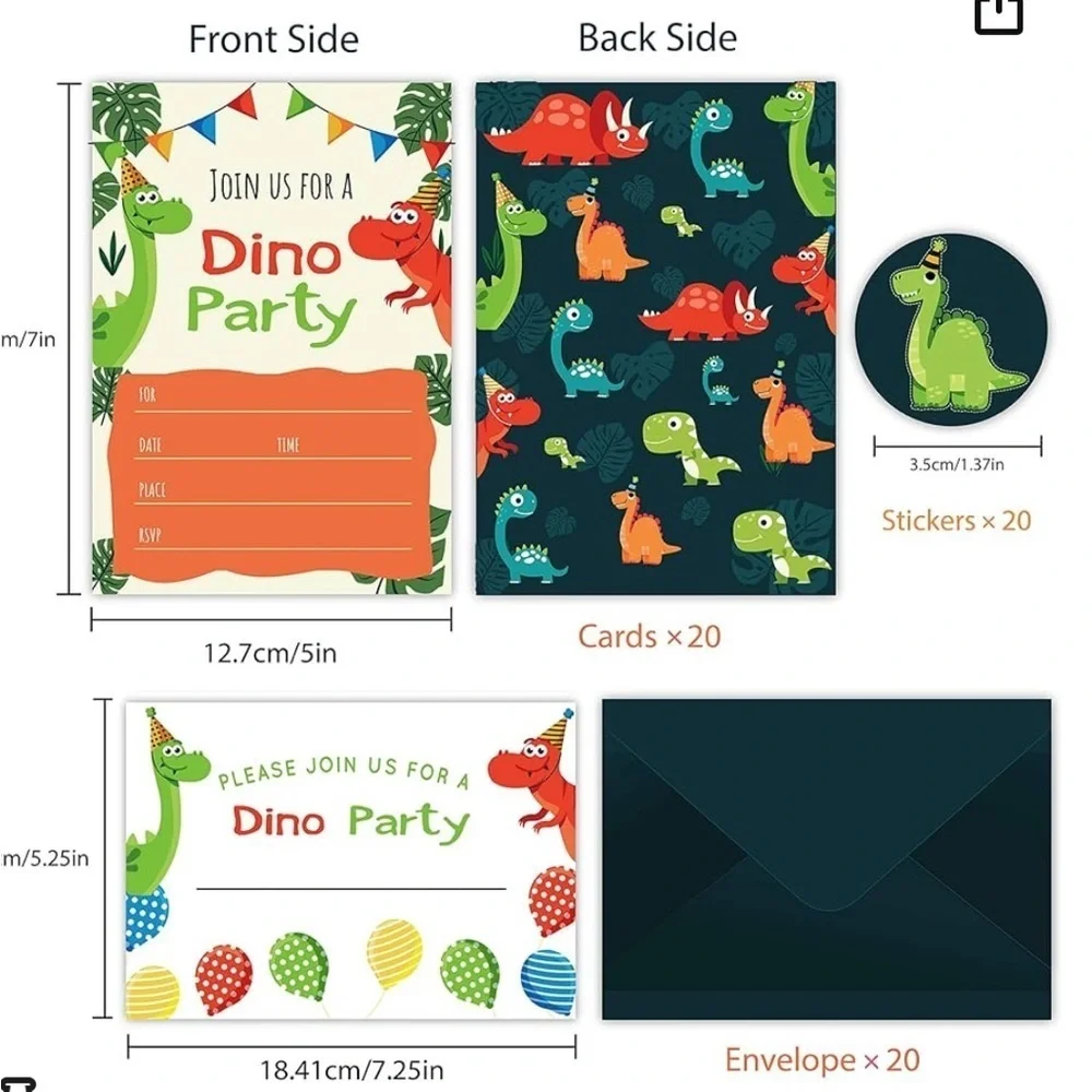 20 Pack Dino Party Dinosaur Invitations with Envelopes and Stickers